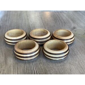 Vintage Set Of 5 Two Tone Wood Mid Century Napkin Rings Holders